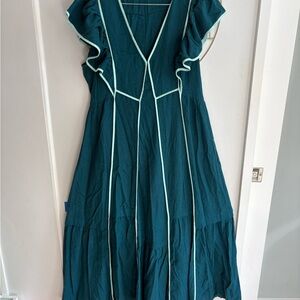 For Cynthia Teal Maxi Dress with Mint Piping